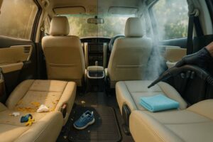Open the third-row door of your family SUV. What do you smell? A faint hint of last week's biryani, the gritty aroma of beach sand from the last trip to Sea View, and the unmistakable scent of toddler mystery goo? You're not alone. SUVs are the workhorses of Pakistani family life, and their interiors often bear the brunt of it. This guide serves as your roadmap to a comprehensive interior detailing for SUVs in Pakistan, designed to restore your cabin to a "showroom fresh plus sanitized" level. We'll walk you through the process step-by-step, helping you conquer the chaos of family life and our country's unique environmental challenges, from GT Road dust to monsoon humidity. Why Your SUV Needs Special Interior Care Detailing an SUV isn't just like cleaning a bigger sedan; it's a whole different ball game. The challenges are multiplied: Sheer Volume: A larger cabin means more surface area for dust to settle, more carpet to stain, and more air to hold onto lingering odors from the Eid road-trip crumbs. More Passengers, More Mess: With seating for seven or eight, the potential for spills, scuffs, and ground-in snacks increases exponentially. Deeper Crevices: SUVs are packed with complex folding seats, deep cup holders that can catch cola spills, and numerous nooks and crannies where dirt and germs love to hide. Quick Glance: Common SUV Messes & Solutions Mess Common Cause Fast Fix Pro-Level Preventive Lingering Food Odor Spilled salad, forgotten fries Air freshener Ozone shock treatment & enzyme cleaner Dusty AC Vents Lahore/Karachi dust storms A quick wipe with a cloth Compressed air blowout + steam cleaning Sticky Cup Holders Sugary drinks, melted candy Wet wipe Steam cleaning + removable silicone liners Child Seat Stains Milk, juice, snacks Spot clean with APC Professional steam sanitize + fabric protection Dull, Grimy Leather Body oils, sweat, dust Leather wipe pH-neutral deep clean + conditioner Pre-Detail Prep: The Foundation for a Flawless Finish Before you even touch a brush to a vent, proper preparation is key. Rushing this step is a common mistake. Park in the Shade: Working on hot interior surfaces causes cleaners to evaporate too quickly, leaving behind streaks and residue. Declutter Completely: Remove everything. Floor mats, child seats, personal items, chargers, and any trash. Check every seat pocket and compartment. Perform a "Dry" First Pass: Do a thorough vacuum of all surfaces. This removes the top layer of loose dirt and debris, so you're not just turning dust into mud when you start using liquid cleaners. Unplug & Protect: Disconnect the battery if you're working extensively with water near electronics, or exercise extreme caution around infotainment screens and digital clusters. Tools & Products for an SUV Interior Reset Task Budget-Friendly Pick Pro-Grade Tool Local Tip for Pakistan Vacuuming Wet/Dry Shop Vac Vacuum with crevice/brush tools A narrow nozzle is essential for third-row seat rails. Stain Removal Diluted All-Purpose Cleaner (APC) Enzyme-based fabric cleaner Always spot test on an unseen area first. Deep Cleaning Brushes & Microfiber Towels High-pressure steam cleaner (120°C+) Steam is king for killing germs in humid weather. Leather Care 2-in-1 Cleaner/Conditioner pH-balanced cleaner + separate conditioner Prevents leather from drying and cracking in our heat. Odor Elimination Charcoal bags, spray fresheners Ozone generator The only way to truly kill persistent monsoon damp smells. The Pro Workflow: A 10-Step Deep Clean for Your SUV Ready to transform your interior? Follow this top-to-bottom workflow to ensure you clean systematically and efficiently. Roof Liner First: Use a soft brush to gently agitate the headliner, and then use a vacuum to remove trapped dust. For stains, spray a gentle cleaner onto a microfiber towel (never directly onto the headliner) and gently blot the area. Air Vents & Crevices: Use a combination of soft detailing brushes and compressed air to dislodge dust from deep inside AC vents, panel gaps, and around buttons. Steam Attack: This is the game-changer. A steam cleaner hisses like a chai kettle and uses high-temperature vapor to blast away grime from cup holders, seat rails, and door jambs without harsh chemicals. Wipe Down All Hard Surfaces: Spray a quality interior detailer onto a 300 gsm microfiber towel and wipe down the dashboard, door panels, and center console. Use a separate, clean towel for the final buff. Deep Clean Seats & Upholstery: This is where you'll use your leather cleaner or fabric enzyme solution. Agitate with a soft brush, working in small sections, and wipe away the residue with a clean, damp towel. Focus on the Third Row: Fold the seats down and vacuum the hinges and mechanisms. This area is a major trap for crumbs and dust. Steam clean the seatbelt buckles and plastic trim. Carpet & Floor Extraction: After vacuuming, pre-treat any heavy stains. Use a carpet shampoo and a stiff brush to scrub the floors, then use a wet/dry vacuum or extractor to remove the dirty water. Don't forget the Mats: While the carpets dry, scrub your floor mats. Rubber mats can be deep cleaned with a degreaser, while carpet mats get the same treatment as the floor. Crystal Clear Glass: Clean the windows last to remove any overspray from other products. Use two towels—one for cleaning with a quality glass cleaner, and a second dry one for a streak-free final wipe. Odor Annihilation (Ozone): Once the interior is clean and dry, place an ozone generator inside, close all doors and windows, and run a 15-30 minute cycle. This kills bacteria, mold, and viruses, permanently removing odors. Crucially, air out the vehicle for at least 30 minutes afterward before anyone gets in. Leather vs. Fabric: Tailor Your Technique For Leather (like in a Fortuner): Avoid harsh All-Purpose Cleaners. Use a dedicated pH-balanced leather cleaner. It safely lifts dirt without stripping the natural oils. Follow up with a quality leather conditioner. This nourishes the hide, keeping it soft and preventing cracks in the intense Pakistani heat. The leather sighs softly again. For Fabric (like in a Sportage): Fabric requires a different approach. For general cleaning, a good fabric cleaner is fine. For organic stains (food, milk), an enzyme-based cleaner is essential. It releases active enzymes that break down and "eat" the stain. Always blot, don't rub, to prevent the stain from spreading. Conquering Kid & Pet Disaster Zones Melted Crayons: Gently scrape off the excess. Place a paper towel over the stain and use a hairdryer to warm it, allowing the paper to absorb the melted wax. Treat any remaining color with a solvent-based cleaner. Vomit/Milk Stains: This is an emergency! Clean it immediately. Use an enzyme cleaner to break down the proteins and eliminate the acid that causes permanent odor. Pet Fur: A rubber pet hair brush or even a simple rubber glove works wonders to bunch up and remove stubborn fur from carpets and seats before vacuuming. The Climate War: Tailoring Your Detail to Your City Karachi: The salty Clifton sea breeze is your enemy. This salt air accelerates corrosion on metal seat brackets and rails. During a detail, ensure these areas are cleaned and protected with a light silicone spray. Fabric protection is also a wise investment to combat the high humidity. Lahore: Fine, airborne dust is the main villain. It gets everywhere, especially into the AC system. Regular use of compressed air for vents and an annual professional steam clean of the system is crucial. Islamabad: Pollen during spring can be a major issue, causing allergies and staining light-colored fabrics. A deep interior clean with an ozone treatment can significantly improve air quality inside the cabin. A Realistic Maintenance Schedule Frequency Task Recommended Product Time Needed Weekly Quick vacuum & trash removal Cordless vacuum 10 minutes Monthly Wipe down hard surfaces, clean glass Interior Detailer, Glass Cleaner 20 minutes Quarterly Leather conditioning, spot-treat stains Leather Conditioner, Fabric Cleaner 45 minutes Annually Full Deep Clean (as above) Professional interior detailing Service 4-6 hours Pro Tips & Common Mistakes for Interior Detailing for SUVs ✅ Use compressed air before wiping. This removes abrasive dust, preventing scratches on plastics. ✅ Clean from the top down. Let gravity work for you, so dirt from the roof liner falls to the floor to be cleaned last. 🚫 Don't use silicone-based "shine" products on the dashboard. They create a dangerous glare on the windshield and attract more dust. 🚫 Never drown seat electronics. Be extremely careful with liquids around electric seat controls, heated/cooled seat buttons, and lumbar support switches. DIY vs. Professional Full Interior Detailing Factor DIY Approach Professional Service (Detail by Autostore.pk) Cost Lower, but requires tool investment (5k-15k) Higher service fee (10k-25k for SUVs) Tools Basic vacuum, brushes, bottles Industrial steam cleaners, extractors, ozone generators Result Good for maintenance, struggles with deep grime Showroom-level clean, sanitized, and odor-free Time An entire day or weekend 4-6 hours FAQs: Full Interior Detailing for SUVs in Pakistan 1. Will steam cleaning fade or damage my leather seats? When done correctly, no. A professional uses the steam gun at a safe distance, constantly moving. The heat is brief and is used to lift embedded dirt from the grain. It's far gentler than scrubbing with a harsh chemical. The key is to follow up immediately with a quality leather conditioner to replenish moisture. 2. I use my SUV for a ride-sharing service. How often should I get an ozone treatment? For a high-traffic ride-share vehicle, a full ozone shock treatment every 3-4 months is a great idea to ensure the cabin remains sanitized and odor-free for your passengers. A quick interior wipe-down daily is also highly recommended. 3. Is fabric protection spray worth it in a humid city like Karachi? Yes, absolutely. A quality fabric protectant creates a hydrophobic barrier on the fibers. In a humid climate, this not only helps repel spills but also makes it harder for mold and mildew to take hold in the fabric, preventing musty odors. Conclusion: Reclaim Your Cabin Your SUV is more than just a vehicle; it's your family's mobile command center. It deserves to be a clean, healthy, and pleasant space. With the right tools, techniques, and a little bit of effort, you can erase the evidence of daily chaos. Slide into a cabin that smells like first-owner pride, not the school run, and enjoy every journey that much more. Ready to hit the reset button? Book our "SUV Interior Reset" package today. For this month only, every SUV package includes a complimentary professional steam sanitization for one child seat. Call or WhatsApp: +92-302-2111-406