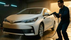 Technician performing a touch-free rinse for PPF maintenance on a dust-covered sedan in Lahore