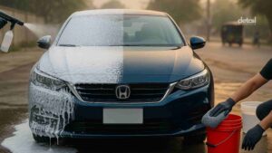 Sedan covered in thick snow foam next to a bucket and microfiber mitt during a foam cannon vs hand wash comparison
