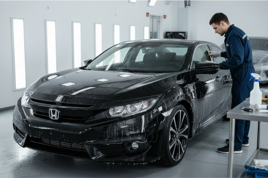 A black Honda Civic is being fitted with paint protection film by a technician in a brightly lit garage.