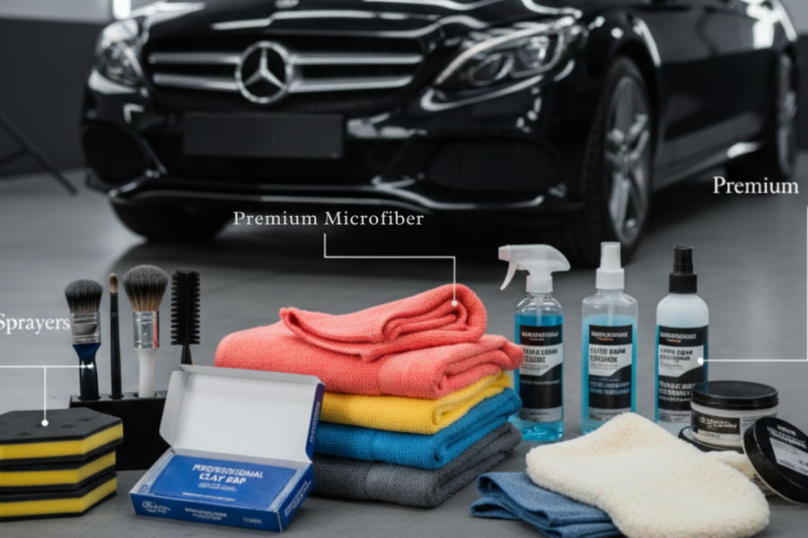 A blog banner image showcasing car in the background of detailing products.