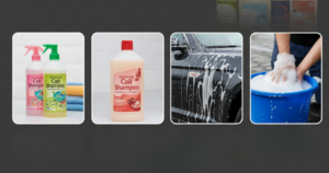 A blog banner image showcasing car shampoos and cleaning processes