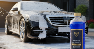 A blog banner image showcasing a car being washed and a shampoo