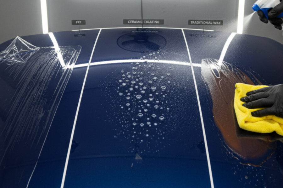 A blog banner image showing a comparison between wax and ppf.