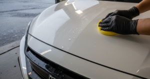 A blog banner showcasing a white car being detailed.
