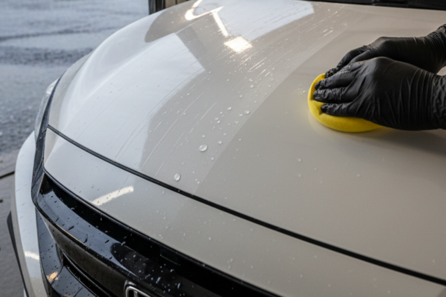 A blog banner showcasing a white car being detailed.