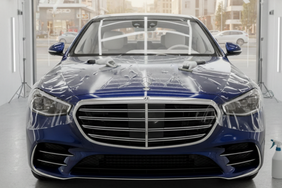 A blog banner image showcasing a luxury car getting detailing.