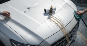 A blog banner image with dynamic damage resistance demonstration of PPF vs Ceramic Coating in Pakistan