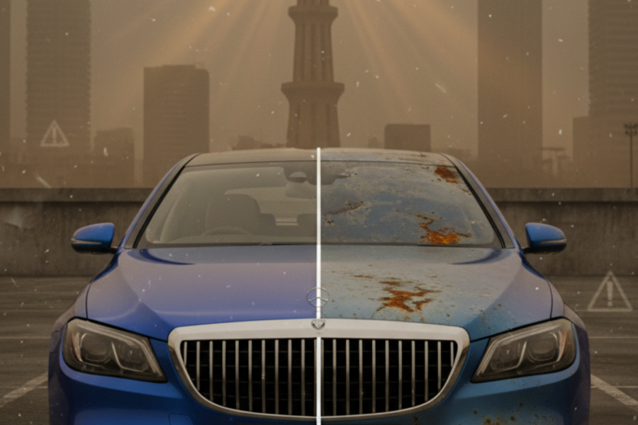 A blog banner image showcasing a car in Lahore's weather