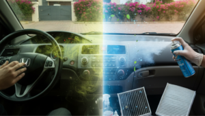 A blog banner image showing car odor removal method