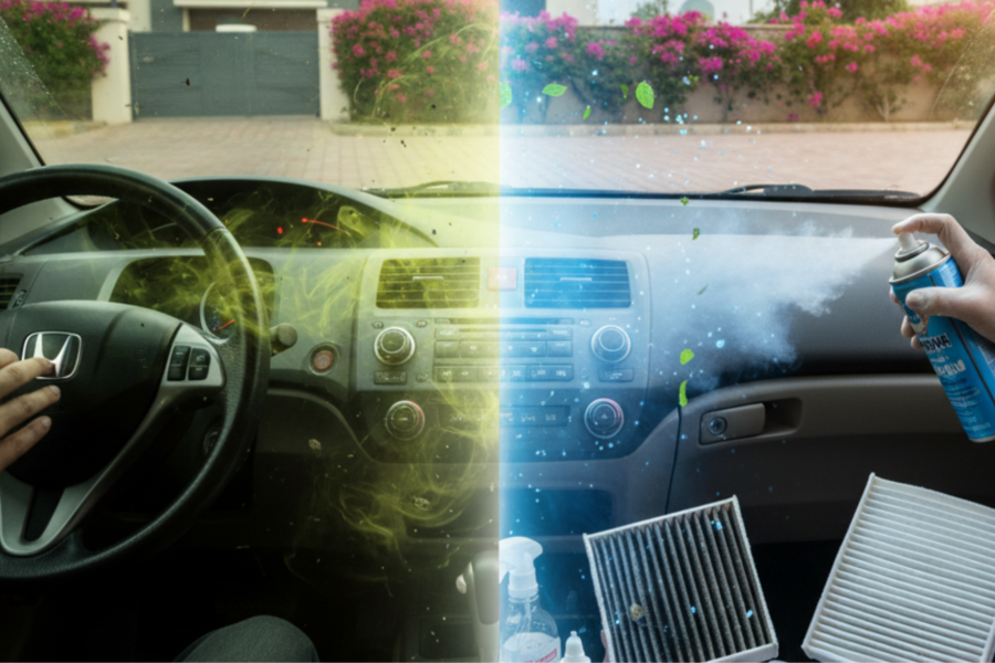 A blog banner image showing car odor removal method