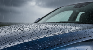 A blog banner image showing a car in rain water