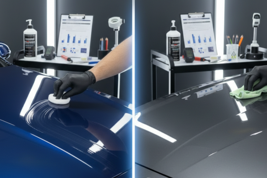 A blog banner image showing comparison of graphene coating vs ceramic coating